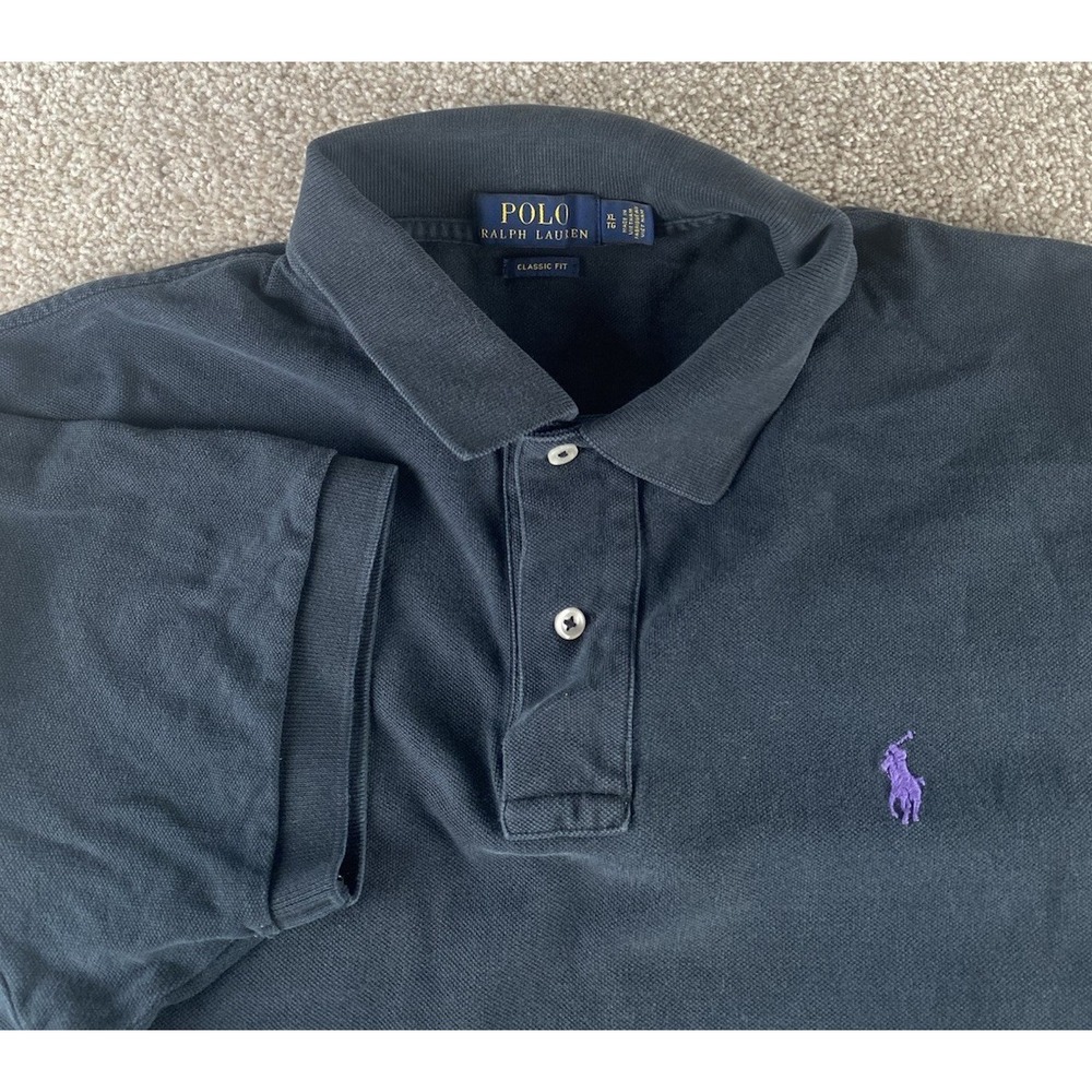 Polo Ralph Lauren Solid Black Polo Shirt Mens XL Purple Pony Cotton Preppy Work